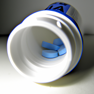 A close-up of a blue and white pill bottle with a lid open.