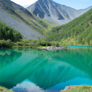 A close-up of a blue-green mountain lake with a reflection of a mountain range in the water.