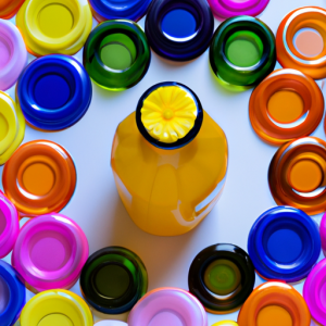 A stack of colorful bottles and jars arranged in a circle, with a single flower in the center.