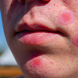 A close-up of a white and red acne lesion on a person's skin.