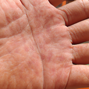A close-up of a person's hand with dry, red, and scaly skin.