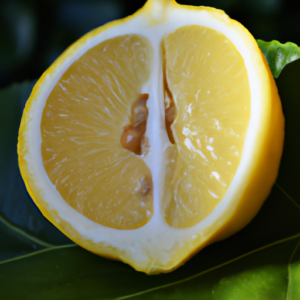 A close up of a lemon cut in half with a green leaf in the background.