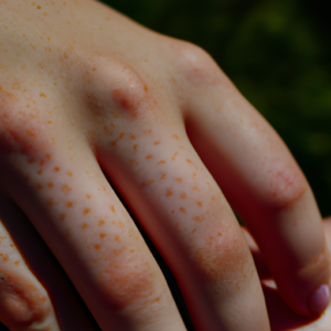 A close-up of a sun-kissed hand with freckles visible on the skin.