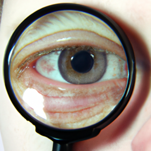A close-up of a human eye with a magnifying glass over it.