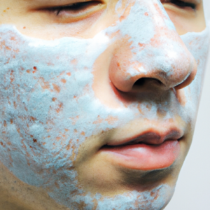 Suggestion: A close-up of a person's face with acne scars and a moisturizing facial mask.