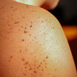 A close-up of skin with back acne and scars, illuminated by a soft, warm light.