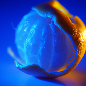 A close-up of a peeled orange skin illuminated with a blue light.