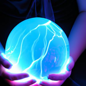 A close-up image of two hands holding a glowing electric blue sphere.