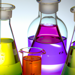 Brightly colored chemical beakers in a laboratory setting.