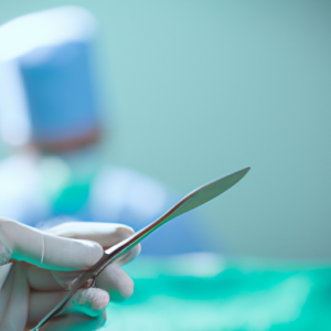 A close up of a scalpel hovering over a surgical field with a background of a doctor wearing a mask and gloves.