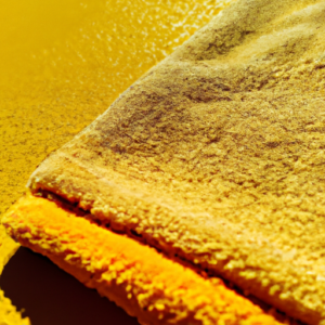 A close-up of a beach towel with a sunny yellow background.