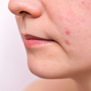 A close-up of a smooth, clear complexion with a few subtle blemishes.