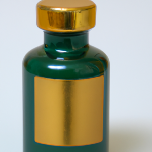 A close-up of a green and white medicine bottle with a gold top.