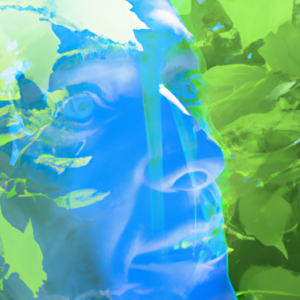 A glowing, translucent face over a background of natural greens and blues.