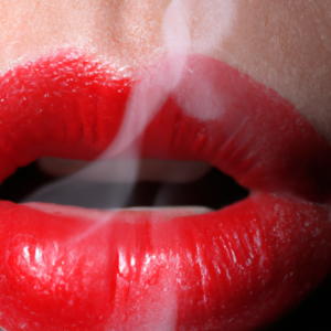 A close-up of a pair of red lips, with smoke rising from them.