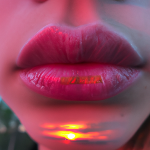 A bright pink and orange sunset reflecting off of a pair of lips.