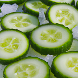 A close-up of freshly-cut slices of cucumber laying on a bed of ice.