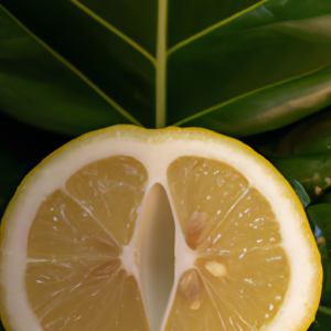 A lemon sliced in half with a green leaf in the background.
