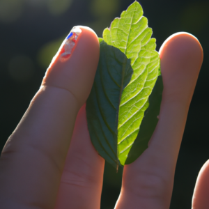 A close-up of a woman's hand holding a green leaf between her thumb and index finger, with sunlight streaming through the background.