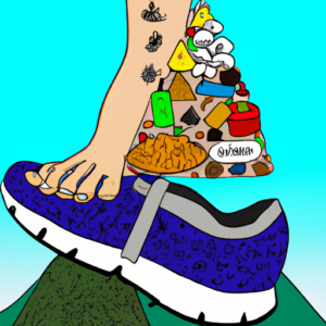 A brightly-colored illustration of a foot with a tinea infection climbing a mountain of healthy lifestyle choices.
