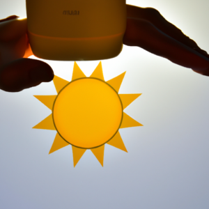 A hand holding a bottle of sunscreen in front of a bright yellow sun.