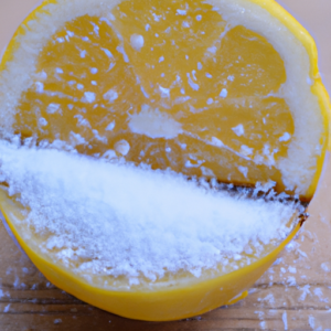 A bright yellow lemon half cut in half with a sprinkle of sugar on top.