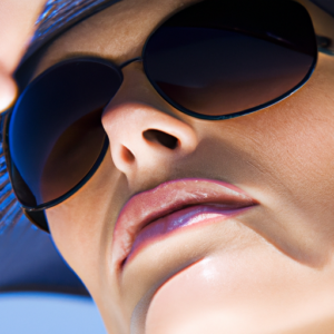 A close-up of a woman's face with a sunhat and sunglasses.