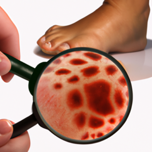 A magnifying glass over a close-up of a foot with red, scaly patches of skin.