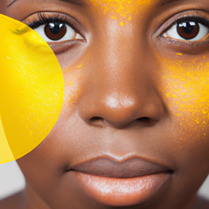 A close-up of a woman's face with a bright yellow circle around an area of hyperpigmentation.